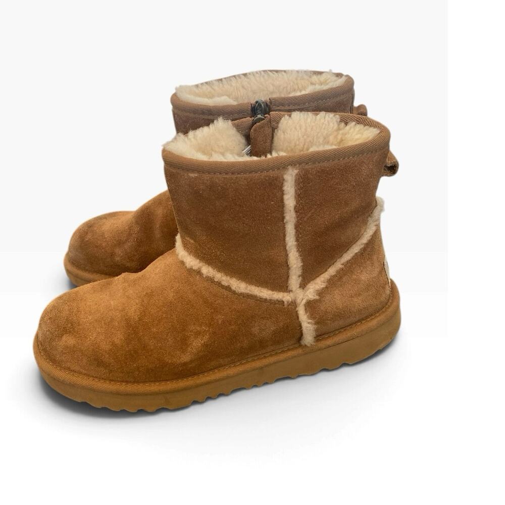 UGG Girls Size 4 Chestnut Suede Mini Ankle Boots Side Zip Shearling Lined